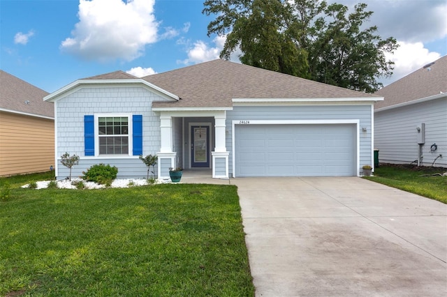 24624 NW 7th Ln, Newberry, FL 32669 - ranch-style house with a garage, a front lawn, concrete driveway, and roof with shingles