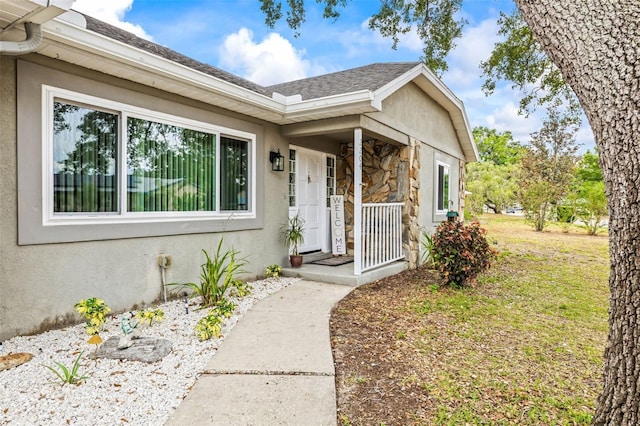2204 Krista Ln, Brandon, FL 33511 - view of exterior entry with stone siding, stucco siding, roof with shingles, and a lawn