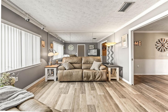 2204 Krista Ln, Brandon, FL 33511 - living room featuring wood finished floors, a textured ceiling, baseboards, ornamental molding, and rail lighting