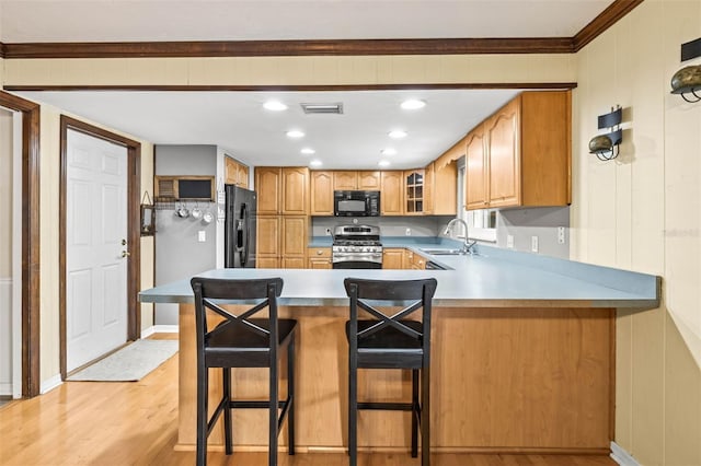 2204 Krista Ln, Brandon, FL 33511 - kitchen featuring black appliances, a sink, a peninsula, light wood finished floors, and glass insert cabinets