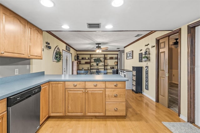 2204 Krista Ln, Brandon, FL 33511 - kitchen with dishwasher, ornamental molding, ceiling fan, a peninsula, and light wood finished floors