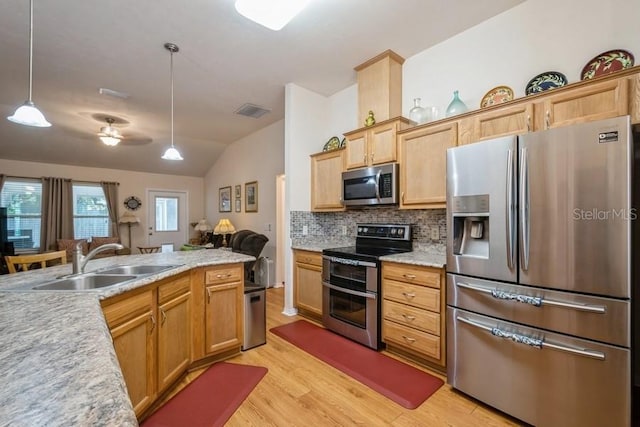 15628 NW 137th Way, Alachua, FL 32615 - kitchen featuring appliances with stainless steel finishes, a sink, light wood finished floors, vaulted ceiling, and light countertops