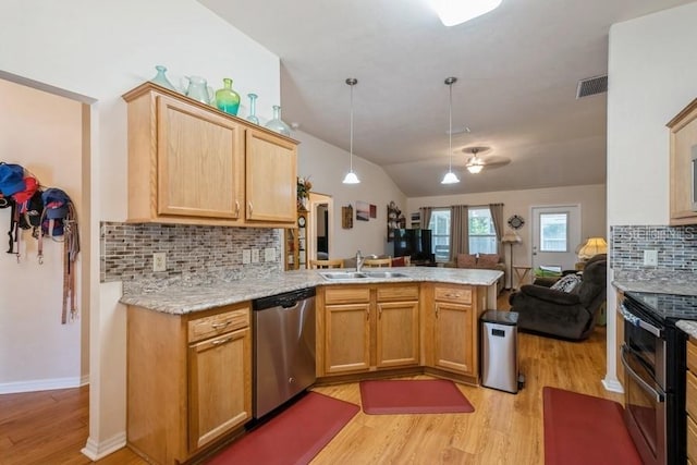 15628 NW 137th Way, Alachua, FL 32615 - kitchen featuring stainless steel appliances, a sink, a peninsula, open floor plan, and light wood-style flooring