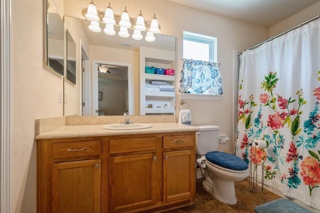15628 NW 137th Way, Alachua, FL 32615 - bathroom with vanity, toilet, curtained shower, and ceiling fan