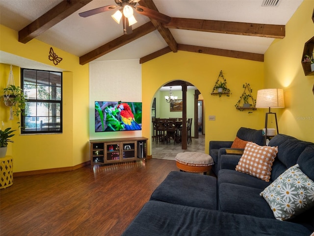 113 Myrtlewood Point Rd, East Palatka, FL 32131 - living room featuring arched walkways, wood finished floors, a chandelier, ceiling fan, and baseboards