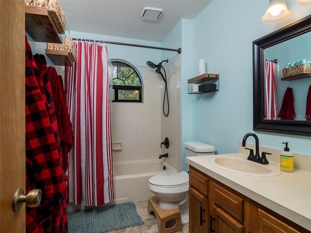 113 Myrtlewood Point Rd, East Palatka, FL 32131 - full bathroom with shower / bath combo with shower curtain, vanity, toilet, a textured ceiling, and tile patterned floors