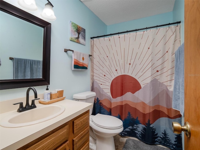 113 Myrtlewood Point Rd, East Palatka, FL 32131 - bathroom with toilet, vanity, a textured ceiling, and curtained shower