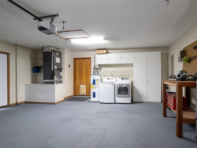 113 Myrtlewood Point Rd, East Palatka, FL 32131 - garage with washer and clothes dryer, a garage door opener, electric water heater, heating unit, and baseboards