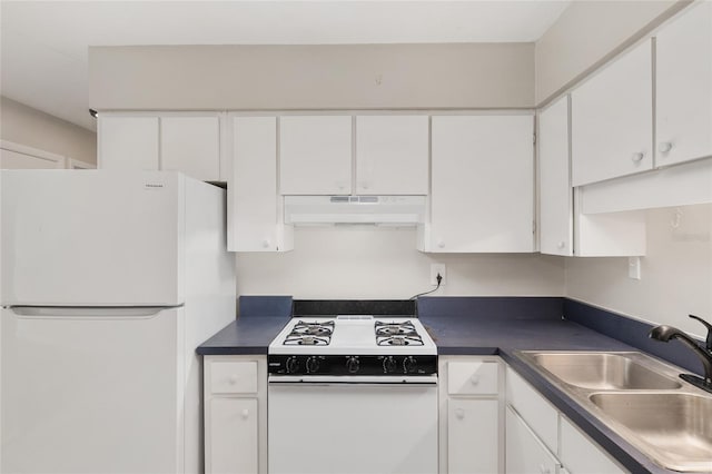 915 NW 40th Ave, Gainesville, Fl, FL 32605 - kitchen featuring under cabinet range hood, white appliances, a sink, and white cabinets