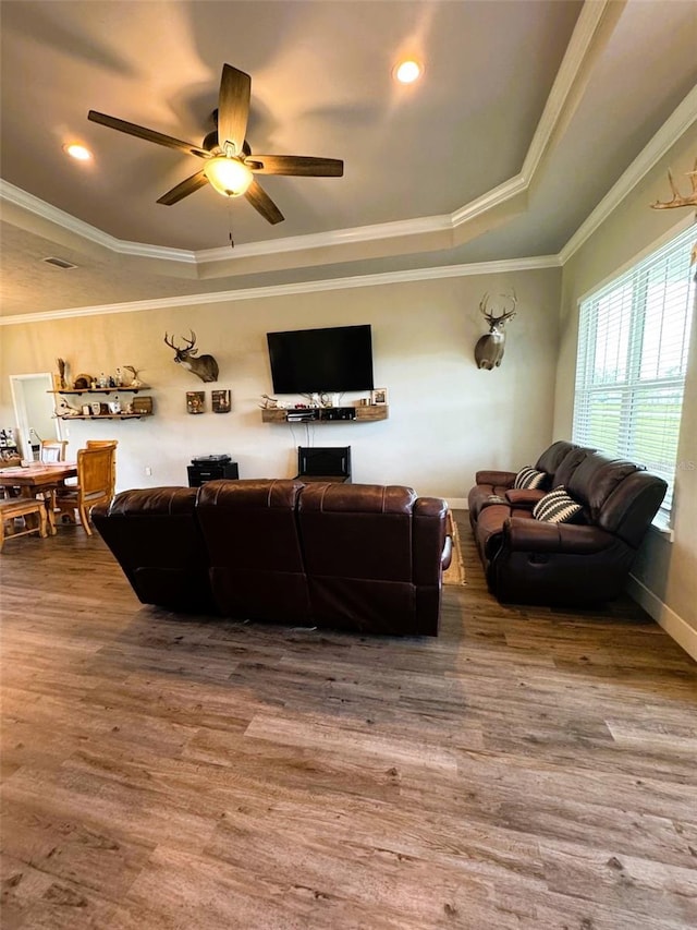6180 SW 83rd Pl, Trenton, FL 32693 - living area featuring a raised ceiling, wood finished floors, a ceiling fan, ornamental molding, and recessed lighting