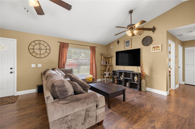 680 NW 67th Pl, Ocala, FL 34475 - living area featuring a ceiling fan, lofted ceiling, wood finished floors, and baseboards