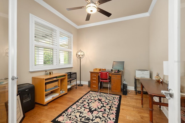 2638 SW 118th Ter, Gainesville, FL 32608 - office area with crown molding, a ceiling fan, light wood finished floors, and baseboards