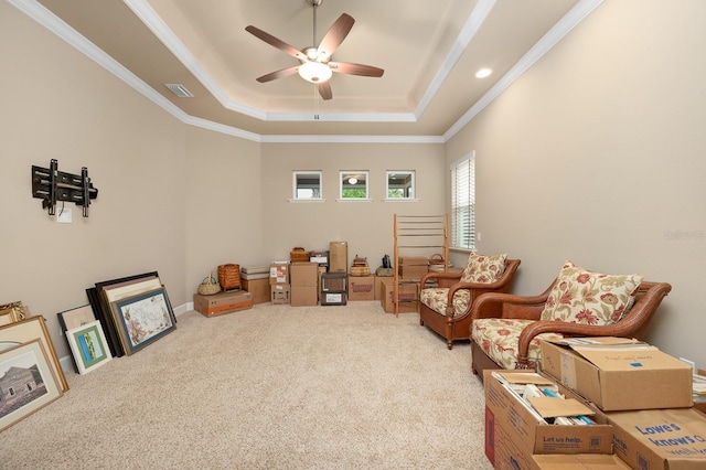 2638 SW 118th Ter, Gainesville, FL 32608 - sitting room featuring a raised ceiling, ceiling fan, crown molding, carpet floors, and recessed lighting