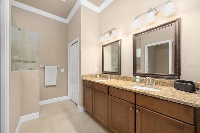 2638 SW 118th Ter, Gainesville, FL 32608 - full bath featuring ornamental molding, double vanity, walk in shower, tile patterned floors, and baseboards
