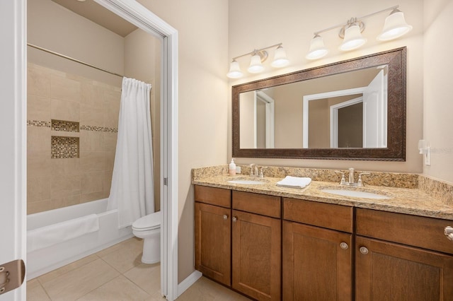 2638 SW 118th Ter, Gainesville, FL 32608 - full bathroom featuring double vanity, toilet, tile patterned flooring, and shower / tub combo with curtain