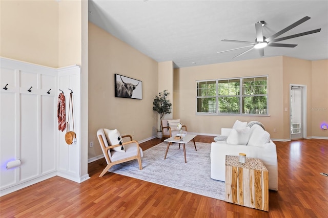 8360 SW 74th Pl, Gainesville, FL 32608 - living area featuring a ceiling fan, wood finished floors, and baseboards