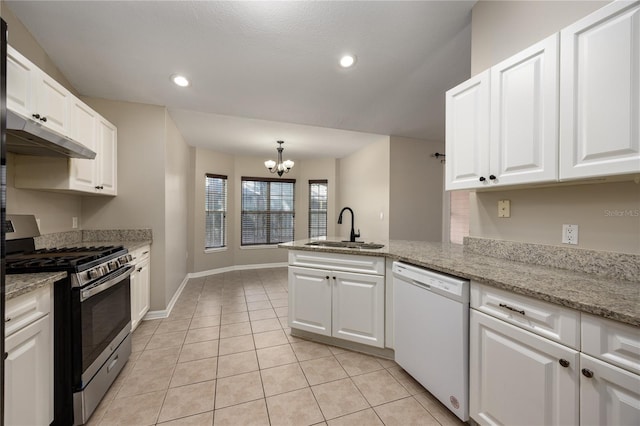 8103 SW 71st Ln, Gainesville, FL 32608 - kitchen featuring stainless steel gas range oven, dishwasher, a sink, a chandelier, and a peninsula