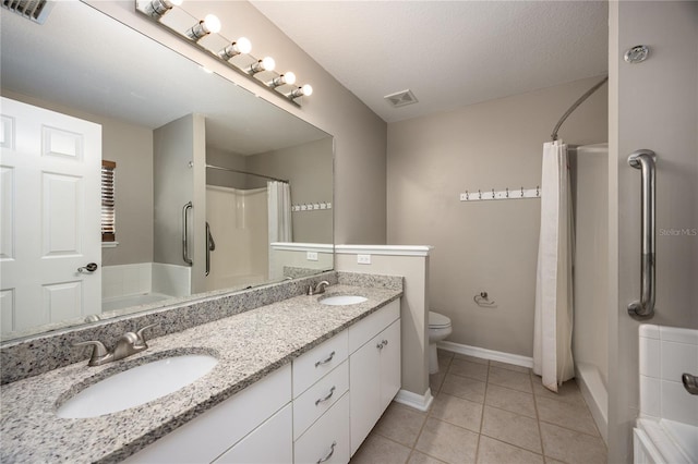 8103 SW 71st Ln, Gainesville, FL 32608 - full bath featuring curtained shower, double vanity, a bath, tile patterned floors, and toilet