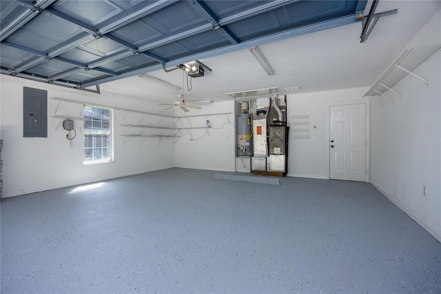 8103 SW 71st Ln, Gainesville, FL 32608 - garage with electric panel, gas water heater, heating unit, a garage door opener, and a ceiling fan