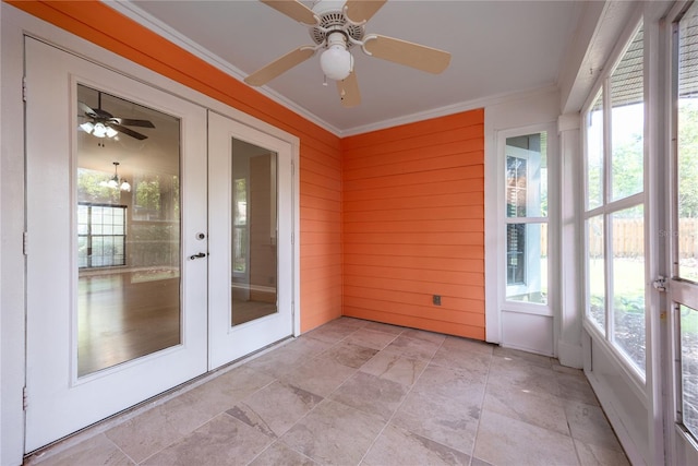 8103 SW 71st Ln, Gainesville, FL 32608 - unfurnished sunroom featuring french doors, a ceiling fan, and crown molding