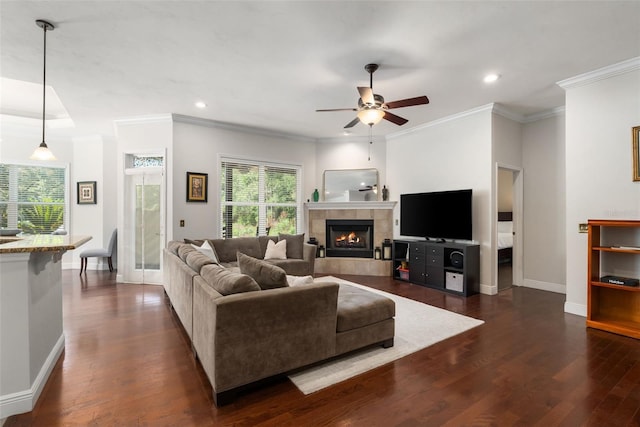 8877 SW 80th Ave, Gainesville, FL 32608 - living area with ceiling fan, dark wood finished floors, recessed lighting, crown molding, and baseboards