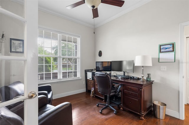 8877 SW 80th Ave, Gainesville, FL 32608 - office featuring ceiling fan, baseboards, crown molding, and dark wood-style flooring