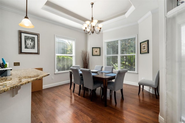 8877 SW 80th Ave, Gainesville, FL 32608 - dining room featuring a chandelier, dark wood finished floors, baseboards, crown molding, and a raised ceiling
