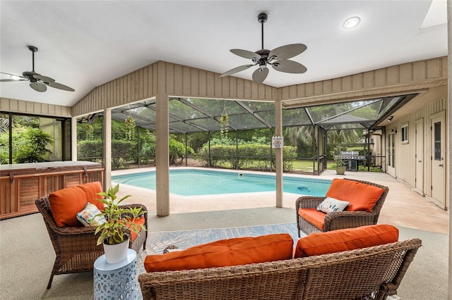 13615 SW 1st Ln, Newberry, FL 32669 - outdoor pool with ceiling fan, a patio area, a hot tub, and area for grilling