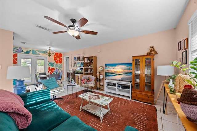4510 NW 27th Ter, Gainesville, FL 32605 - living room featuring french doors, tile patterned floors, and ceiling fan