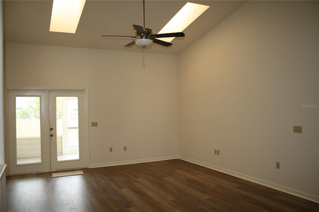 7518 NW 35th Pl, Gainesville, FL 32606 - empty room featuring a skylight, lofted ceiling, dark wood-style floors, a ceiling fan, and french doors