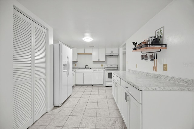 3026 NW 28th Cir, Gainesville, FL 32605 - kitchen with white appliances, a sink, open shelves, white cabinets, and light countertops