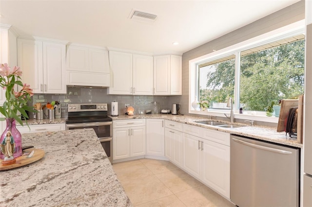 18101 Boy Scout Rd, Odessa, FL 33556 - kitchen featuring stainless steel appliances, a sink, white cabinets, tasteful backsplash, and recessed lighting