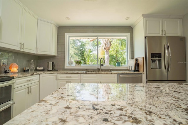 18101 Boy Scout Rd, Odessa, FL 33556 - kitchen featuring stainless steel appliances, a sink, healthy amount of natural light, backsplash, and ornamental molding
