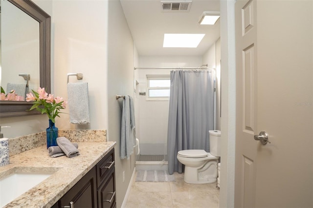 18101 Boy Scout Rd, Odessa, FL 33556 - bathroom with vanity, a skylight, toilet, a shower stall, and baseboards