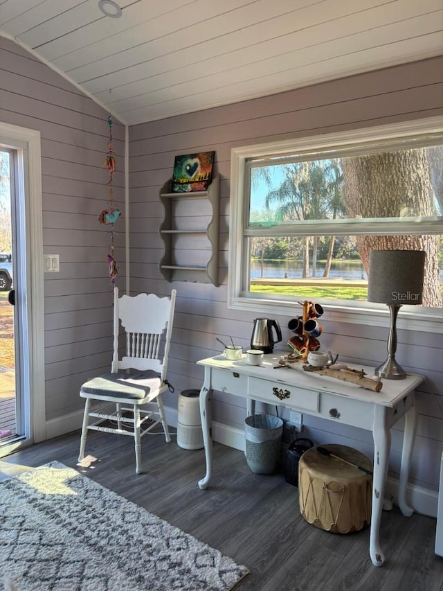 18101 Boy Scout Rd, Odessa, FL 33556 - sitting room with healthy amount of natural light, wood finished floors, lofted ceiling, wood walls, and wooden ceiling