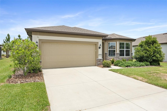 9478 SW 52nd Loop, Ocala, FL 34481 - view of front facade featuring stucco siding, concrete driveway, an attached garage, a front yard, and stone siding