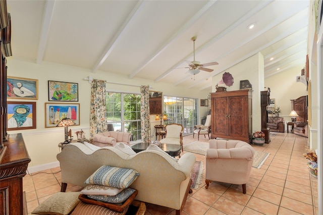 12832 SW 14th Ave, Newberry, FL 32669 - living room featuring light tile patterned flooring, ceiling fan, beam ceiling, and high vaulted ceiling