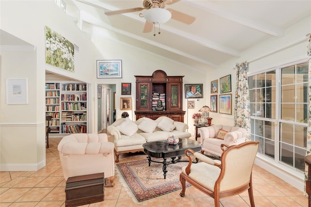12832 SW 14th Ave, Newberry, FL 32669 - living area with beam ceiling, light tile patterned floors, ceiling fan, and high vaulted ceiling