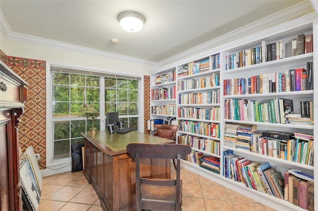 12832 SW 14th Ave, Newberry, FL 32669 - office space with light tile patterned flooring, crown molding, and bookshelves