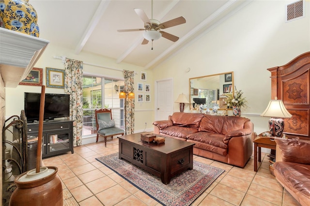 12832 SW 14th Ave, Newberry, FL 32669 - living area with light tile patterned floors, a ceiling fan, high vaulted ceiling, and beamed ceiling