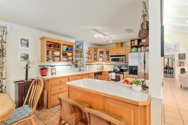 12832 SW 14th Ave, Newberry, FL 32669 - kitchen featuring appliances with stainless steel finishes, open shelves, light tile patterned floors, tile counters, and a sink