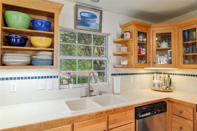 12832 SW 14th Ave, Newberry, FL 32669 - kitchen featuring stainless steel dishwasher, a sink, open shelves, and tasteful backsplash