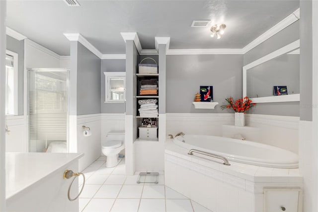 12832 SW 14th Ave, Newberry, FL 32669 - full bathroom featuring a garden tub, tile patterned floors, toilet, ornamental molding, and a stall shower