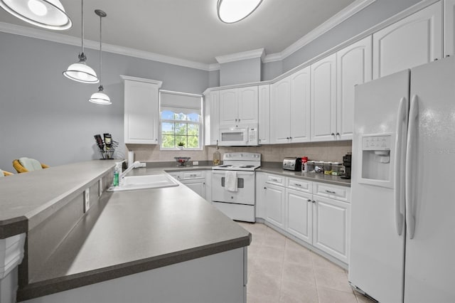 923 SW 85th Way, Gainesville, FL 32607 - kitchen featuring white appliances, white cabinetry, decorative backsplash, crown molding, and a sink