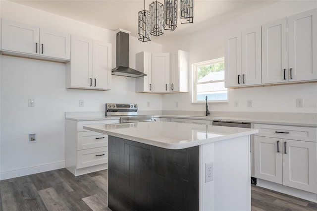 5670 NE 140th Ct, Williston, FL 32696 - kitchen with wall chimney range hood, stainless steel electric range oven, a sink, dark wood-style flooring, and a kitchen island