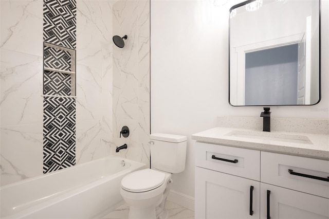 5670 NE 140th Ct, Williston, FL 32696 - bathroom featuring vanity, toilet, bathing tub / shower combination, marble look tile flooring, and baseboards