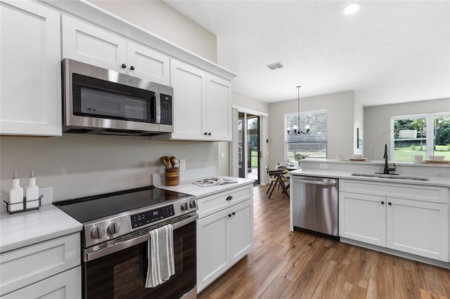1044 SW 159th St, Ocala, FL 34473 - kitchen featuring stainless steel appliances, a sink, light countertops, wood finished floors, and a chandelier
