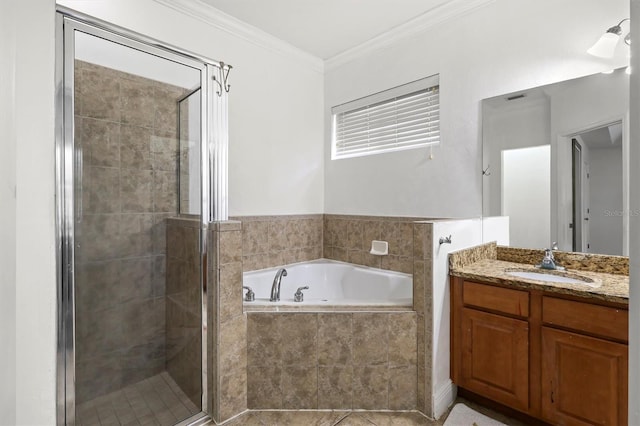 7909 SW 87th Ter, Gainesville, FL 32608 - full bath featuring vanity, a stall shower, a garden tub, and crown molding