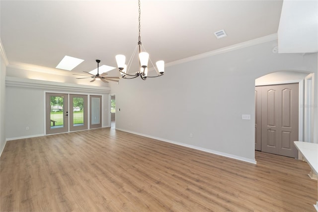 6245 NW 106th Pl Unit 6245, Alachua, FL 32615 - spare room featuring ornamental molding, arched walkways, light wood finished floors, a chandelier, and baseboards