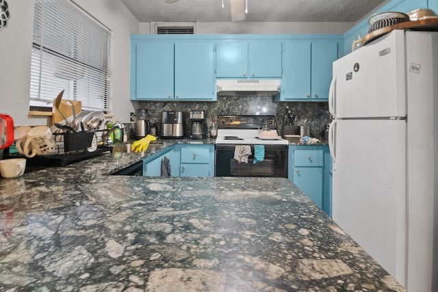 2811 SW Archer Rd Unit O123, Gainesville, FL 32608 - kitchen featuring freestanding refrigerator, blue cabinets, electric stove, under cabinet range hood, and decorative backsplash